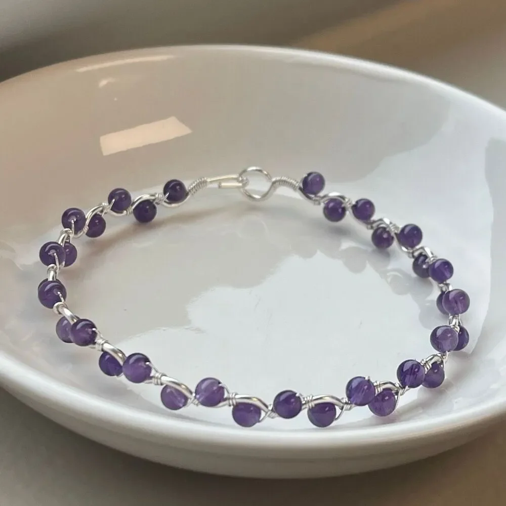 Amethyst purple 8” silver copper wire beaded beads handcrafted handmade dainty F